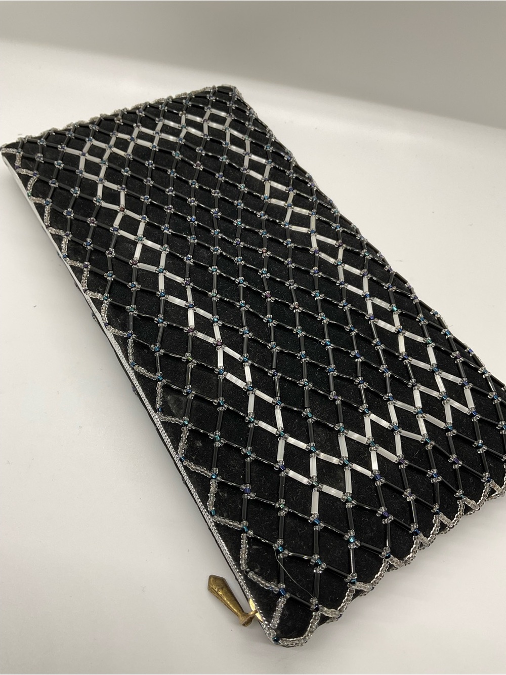 Beautiful Condition Black/Silver Crystal Beaded Mesh Evening Clutch - Circa 90's